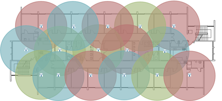 Diagram of the AP placement and 2.4 GHz channel plan for a school campus dormitory